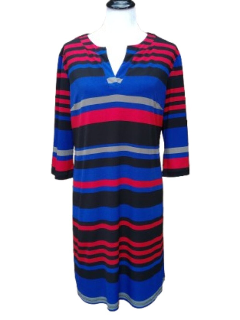 Emma & Michele Multicolor Stripe Shift Dress Blue Red Black 3/4 Sleeves Stretch